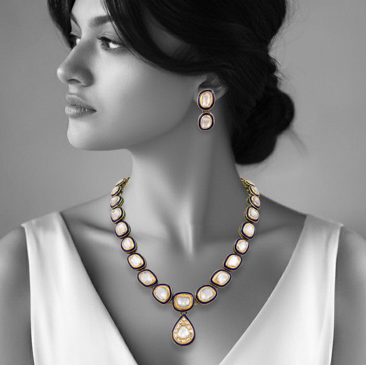 Framed Blue Enamel Polki Necklace with Central Teardrop Pendant